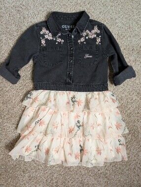 GUESS Kids Black Denim Top with Cream Pink Floral Ruffle Skirt Kids Size 5